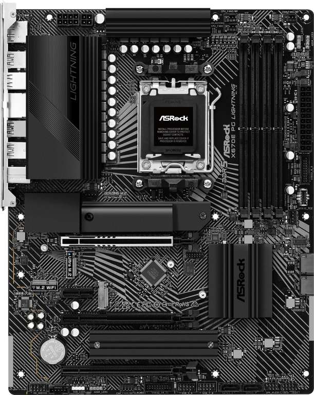 ASRock X670E PG Lightning Mainboard (AM5, ATX, 16 Phasen, 4x DDR5, PCIe 5.0 x16, 5x M.2, 12x USB, 2.5Gbit-LAN, HDMI, DP, ALC897)