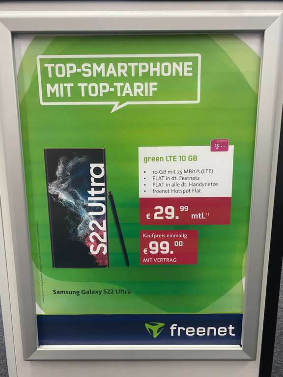 (Media Markt Pfungstadt) S22 Ultra 128 GB im Vertrag - Freenet Green LTE 10 GB, Telekomnetz, 24 Monate Laufzeit, 29,99€ monatlich