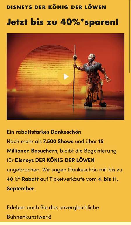 * verlängert!! * bis zu 40 % auf Tickets fürs König der Löwen Musical in Hamburg