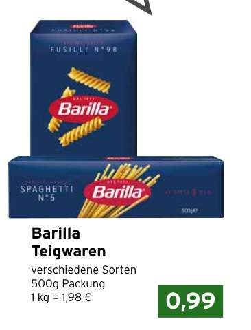 Barilla Teigwaren verschiedene Sorten 500g Packung (1 kg = 1,98 €) ab 19.06, LOKAL in CAP-Märkten im Angebot