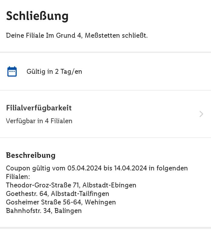 [LIDL App] 4 Filialen Süddeutschland - 5 € Rabatt ab 30 € MEW - 05.04.2024 bis 14.04.2024