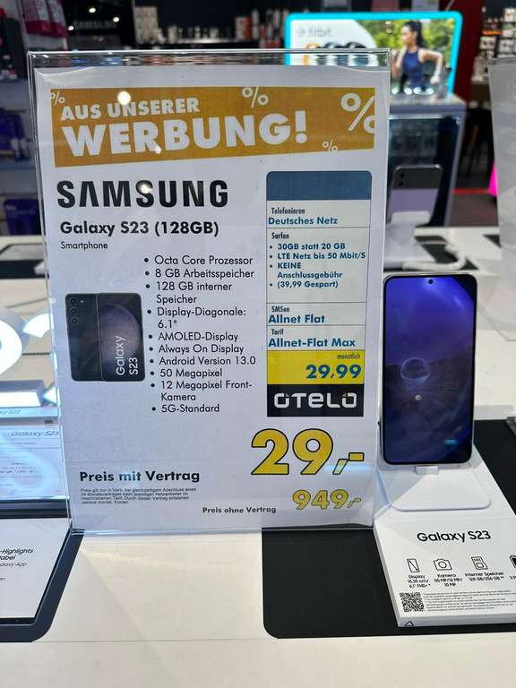[Lokal Ratingen] euronicsXXL Johann+Wittmer: Samsung Galaxy S23 128 Gb mit Otelo Max