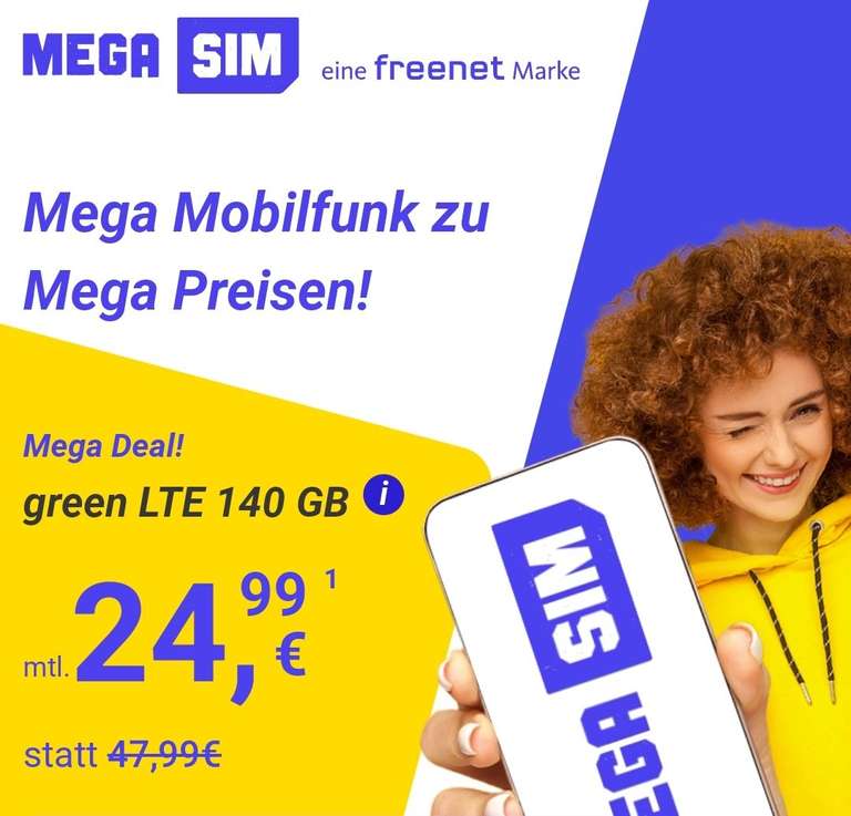 MegaSim green LTE 140 Gb für 24,99€ im Monat (monatlich kündbar) Telefonica/O2 Netz