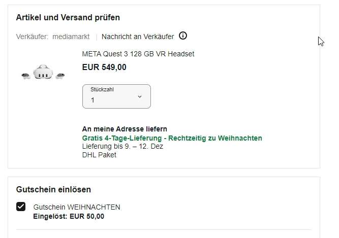 Meta Quest 3 mit 128GB wieder bei Ebay über Saturn/MediaMarkt erhältlich mit 50€ Gutschein