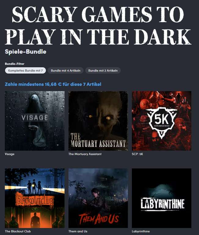 Scary Games to Play in the Dark Humble Bundle Steam (Visage, The Mortuary Assistant, SCP, The Blackout Club, Them and Us, Labyrinthine)