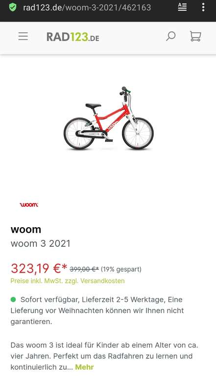 Rad123 19% auf alles - bspw Woom 3 für 323,19€