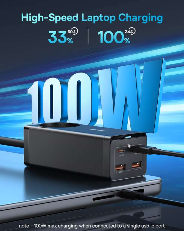 Baseus Ladegerät 100W, GaN3 PowerCombo On, USB C Netzteil PD Mehrfach Ladegerät mit 1 AC + 4 Port