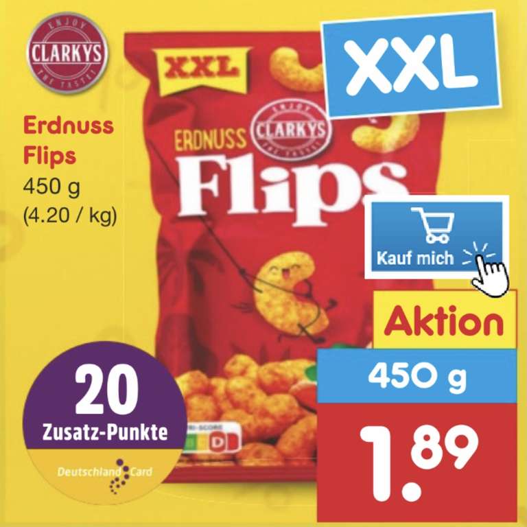 CLARKYS Erdnuss Flips 450g XXL Beutel mit DeutschlandCard für rechn. 3,75€/kg bei NETTO MD