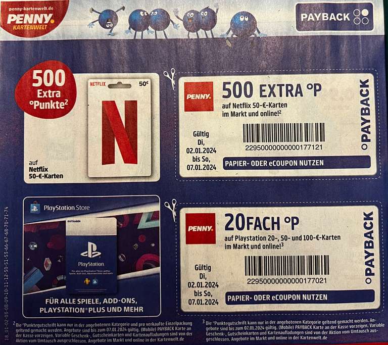 Payback / Penny] 20fach Punkte auf Playstation Guthabenkarten / 500  Extrapunkte auf 50€ Netflix Karten | gültig vom 02.01.2024 - 07.01.2024 |  mydealz