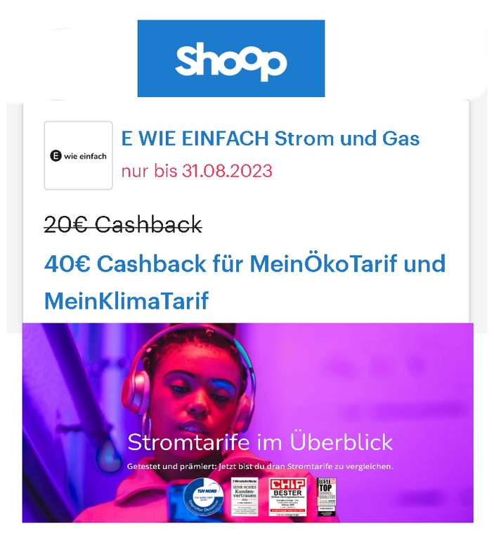 [E WIE EINFACH + Shoop] 40,- € Cashback für MeinÖkoTarif Strom und MeinKlimaTarif Gas