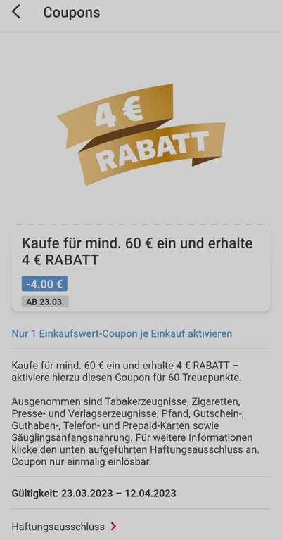 Kaufland Card App Rabatt Coupons (z.B. 4€ Rabatt bei 60€ Einkaufswert)