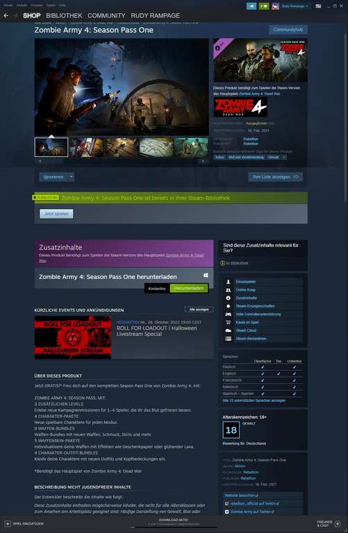 [STEAM / PC] DLC-Paket "ZOMBIE ARMY 4: Season Pass One" – kostenfrei direkt bei Steam