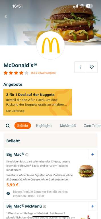 [Lieferando] McDonald's 2für1 Nuggets Aktion