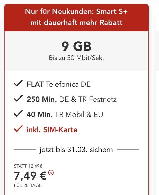 250Min mydealz | Support, DE Prepaid TR/EU, AyYildiz Mobil/TR Festnetz, E-Sim 40Min Netz Telefonica Smart 7.49€/Monat: 9GB, S+