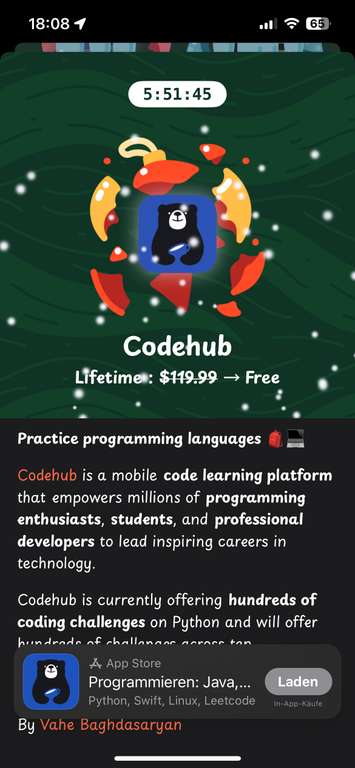Codehub - Programmieren lernen - iOS - AppSanta - lifetime kostenlos - Java - Javascript - Python - Swift