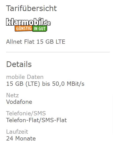 Vodafone Netz, Gutschein mydealz 15GB Sim LTE Check24 Klarmobil 6,24€/Monat 4,99€) für Flat / durch Cashback Only: | Bonus Allnet/SMS (mit