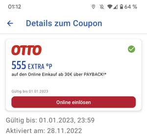 [OTTO personalisiert?!] 555 Extra Payback Punkte über OTTO ab 30€ MBW ONLINE