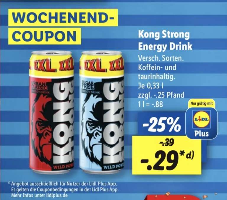 [Lidl ab 7.7.] Kong Strong Energy Classic & Sugar Free 0,33L für 29 Cent