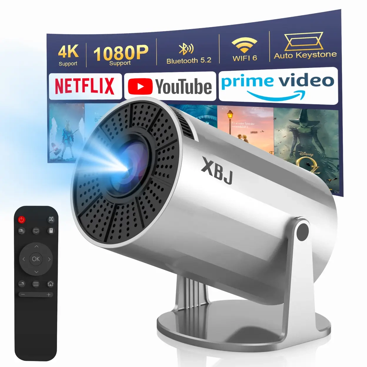 XBJ Tragbarer Silber-Beamer mit WiFi 6 & Bluetooth 5.2, Smart Mini-Beamer, 1080P HD, Neukunden