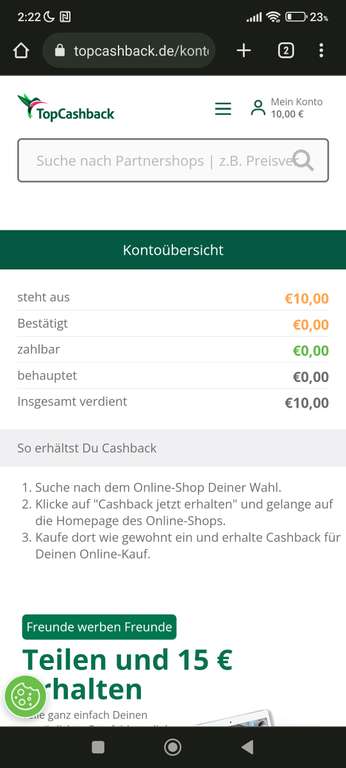 (Neukunden, TopCashback) 10€ zusätzlich bei Neuregistrierung (Mbw. 20)