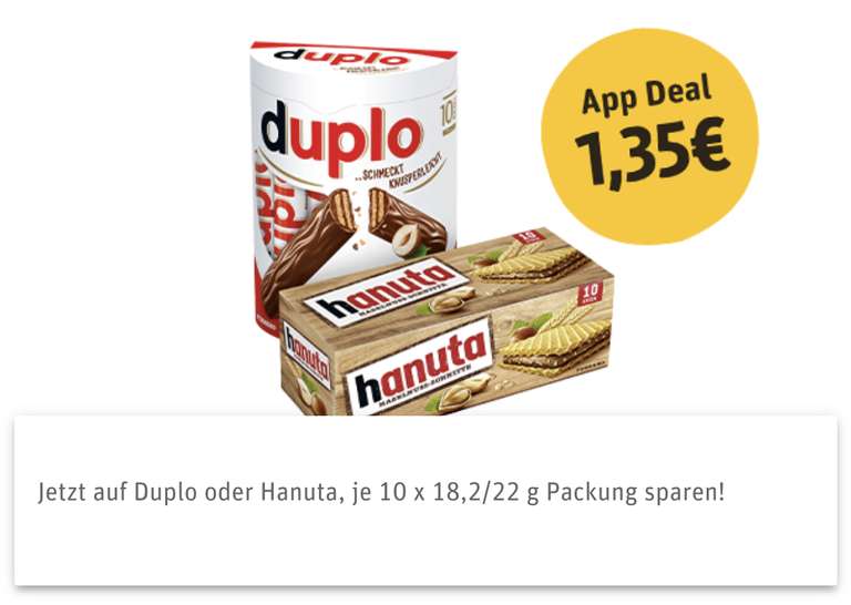 [Rewe Angebot und App Coupon] Ferrero Duplo oder Hanuta 10er für je 1,35 Euro