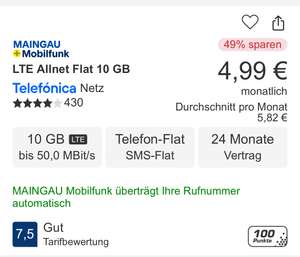 [Telefonica Netz] Maingau Mobilfunk 10GB LTE50 Allnet und SMS Flat 4.99€/Monat 24 Monatsvertrag