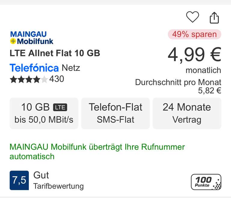 [Telefonica Netz] Maingau Mobilfunk 10GB LTE50 Allnet und SMS Flat 4.99€/Monat 24 Monatsvertrag