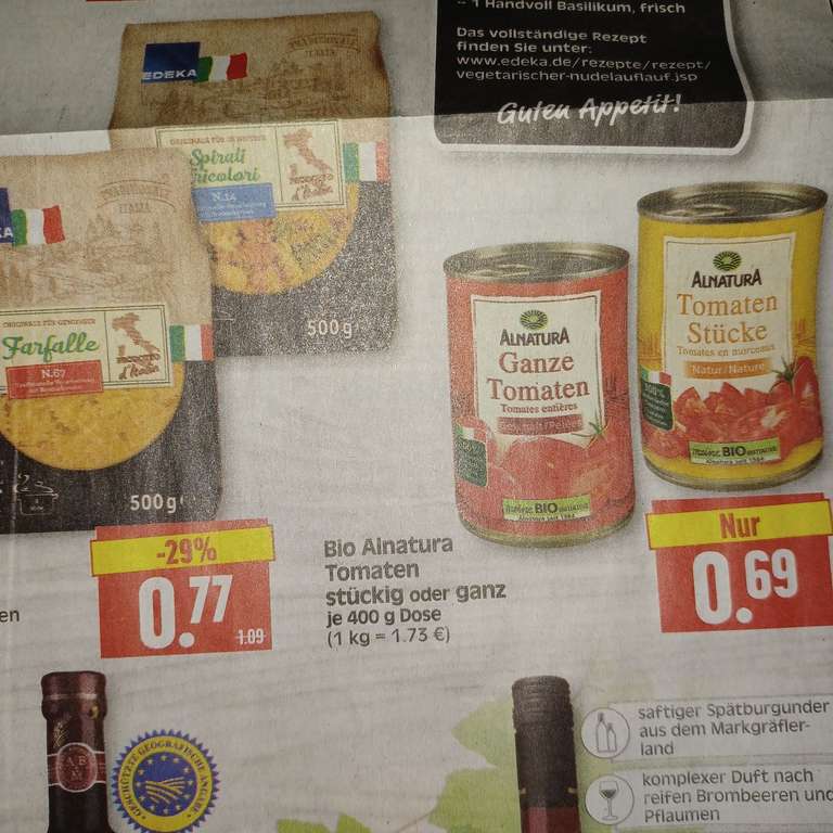 Herkules Lebensmittel-Märkte Hessen: Bio Alnatura Tomaten stückig oder ganz , je 400g Dose , Kilopreis: 1.73€