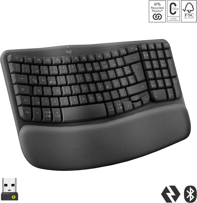 LOGITECH Wave Keys ergonomisch, Bluetooth, Tastatur, kabellos, Graphite