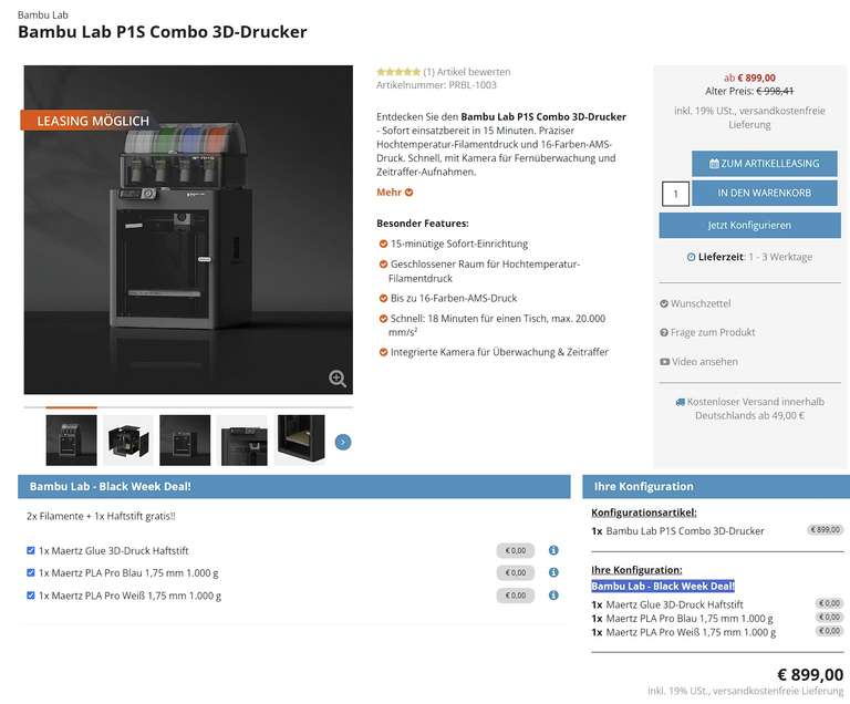 Bambu Lab P1S Combo - X1 Carbon Combo 3D-Drucker - 2x Filamente + 1x Haftstift gratis - Black Week Deal (IGO3D)