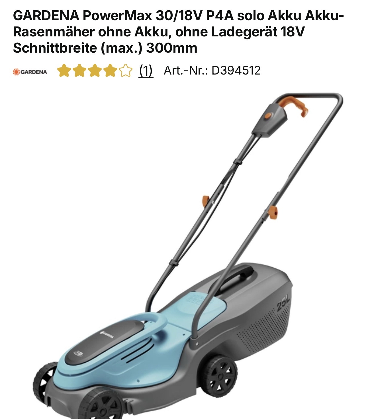 Gardena Akku-Rasenmäher PowerMax 30/18V P4A solo (14630-55) für 88€ + 5,95€ Versand at voelkner - ohne Akku/Ladegerät