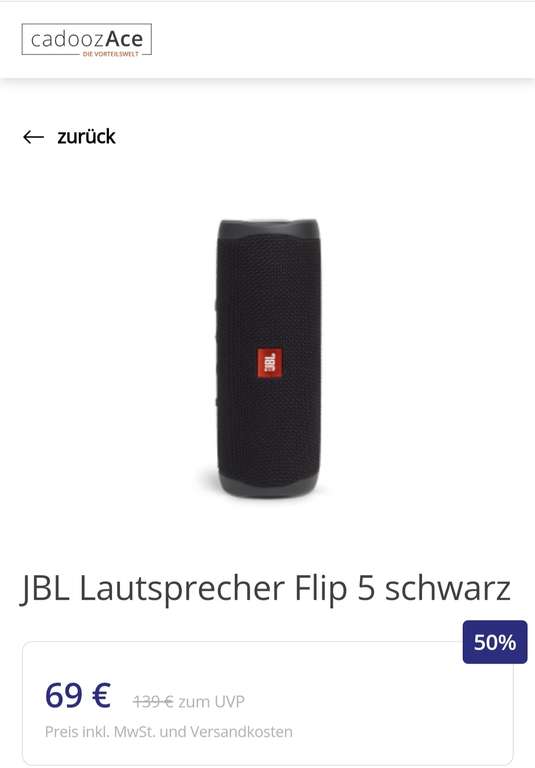 [Cadooz Vorteilswelt] JBL Lautsprecher Flip 5 schwarz für 69€ versandkostenfrei - Zugangscode mehrmals einlösbar