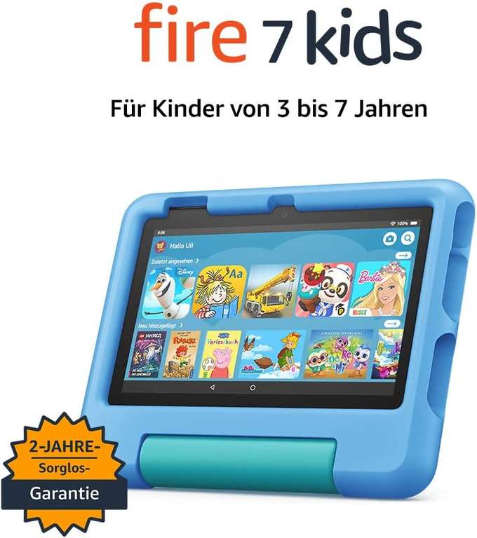 Fire 7 Kids Tablet (2/16GB, ohne Werbung, inkl. 1 Jahr Amazon Kids+, 2 Jahre Sorglos-Garantie) | alternativ Fire 7 mit Werbung für 54,99€