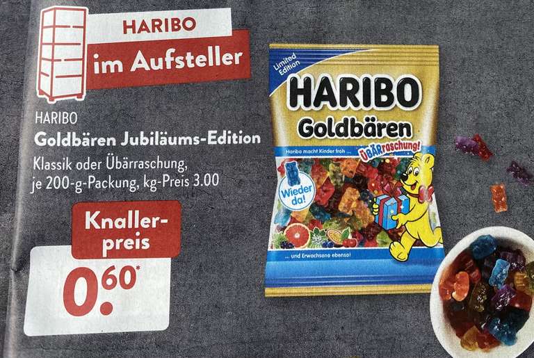 HARIBO Goldbären Jubiläums-Edition Klassik oder Ubärraschung, je 200-g-Packung, kg-Preis 3.00 22.04.22 bei aldi Süd