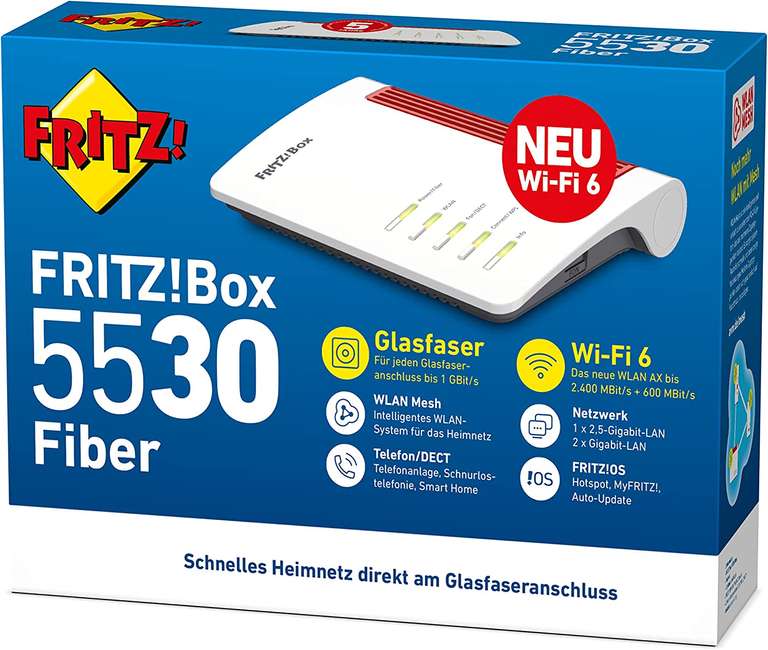 AVM FRITZ!Box 5530 Fiber - WLAN Mesh Router mit Glasfaseranschluss (802.11ax) 149€ | FRITZ!Repeater 600 27,90€ | FRITZ!DECT 500 für 24,90€