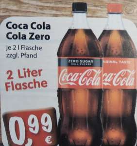 Krügers Supermarkt: CocaCola /Zero 2LITER für 99Ct. So geht billigTschüss aldilidlrewe...LOKAL 69253 Heiligkreuzsteinach (50ct/Ltr) +PFAND