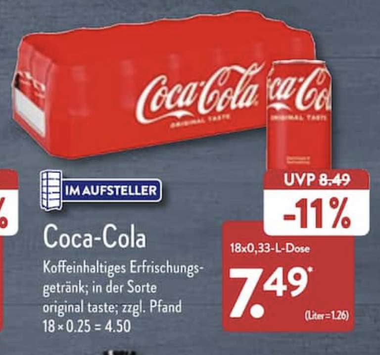 [ALDI Nord] Coca-Cola 18 x 0,33l für 7,49€ zzgl. Pfand