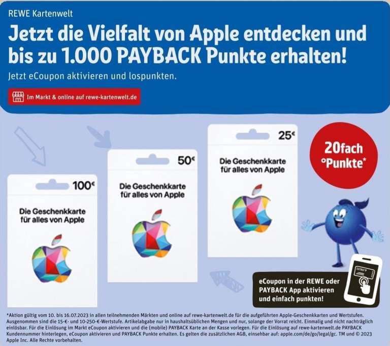 [Payback | REWE] 20-fach Punkte = 10% auf Apple Gift Cards Guthaben Geschenkkarte ab 10.07.-16.07.2023