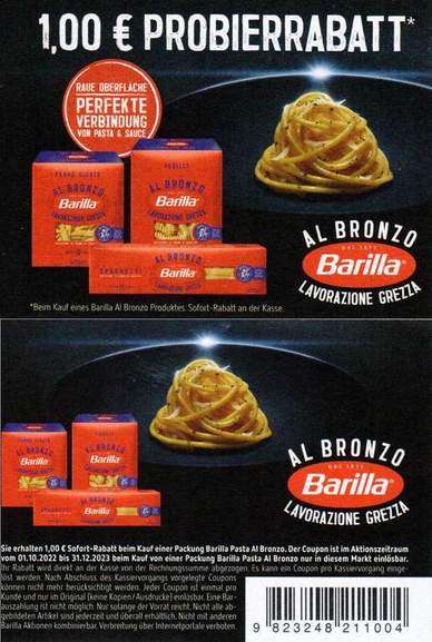 Barilla Al Bronzo versch. Sorten 400 g für 0,79 € (Angebot + Coupon) [Edeka Südwest / Marktkauf]