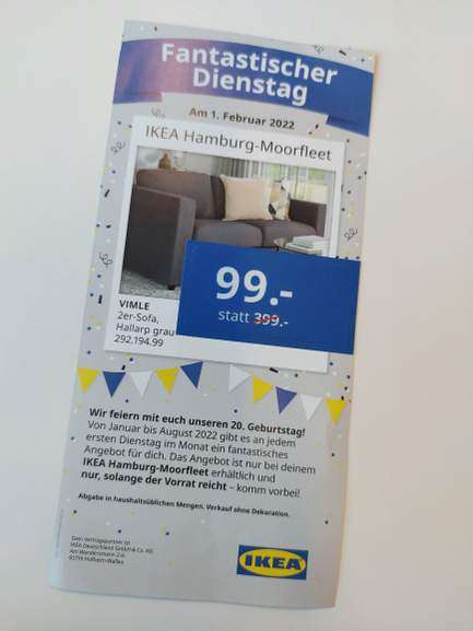 2er-Sofa VIMLE für 99.- statt 399.- am 1.2.2022 bei IKEA Hamburg-Moorfleet