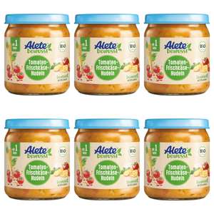 Alete Bio Gläschen Tomaten-Frischkäse-Nudeln, Babynahrung in Bio-Qualität, Menü ab 1 Jahr (6 x 250 g) (Prime Spar-Abo)
