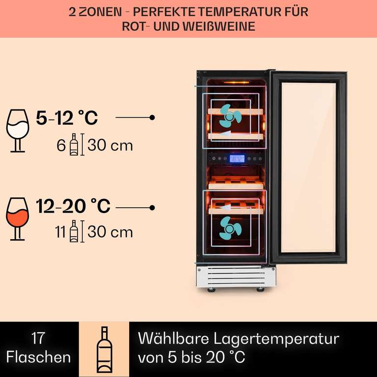 Klarstein Vinovilla 17 Onyx Edition: Eleganter Weinkühlschrank für 17 Flaschen mit 2 Temperaturzonen