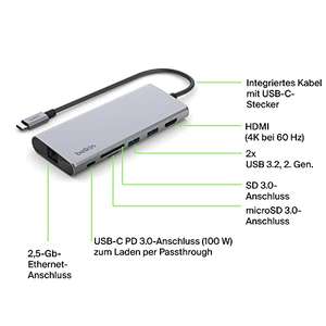 Belkin 7-in-1-USB-C-Hub, Adapter Dongle mit 4K 60 Hz HDMI, 100 W Power Delivery, 2,5 Gb, 2 USB-A-Anschlüsse, SD- und microSD-Kartenleser