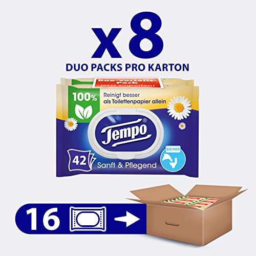 [PRIME/Sparabo] Tempo Feuchte Toilettentücher "Sanft & Pflegend" - Megapack - 16 Packungen mit je 42 Tüchern - Duo Packs - mit Kamille