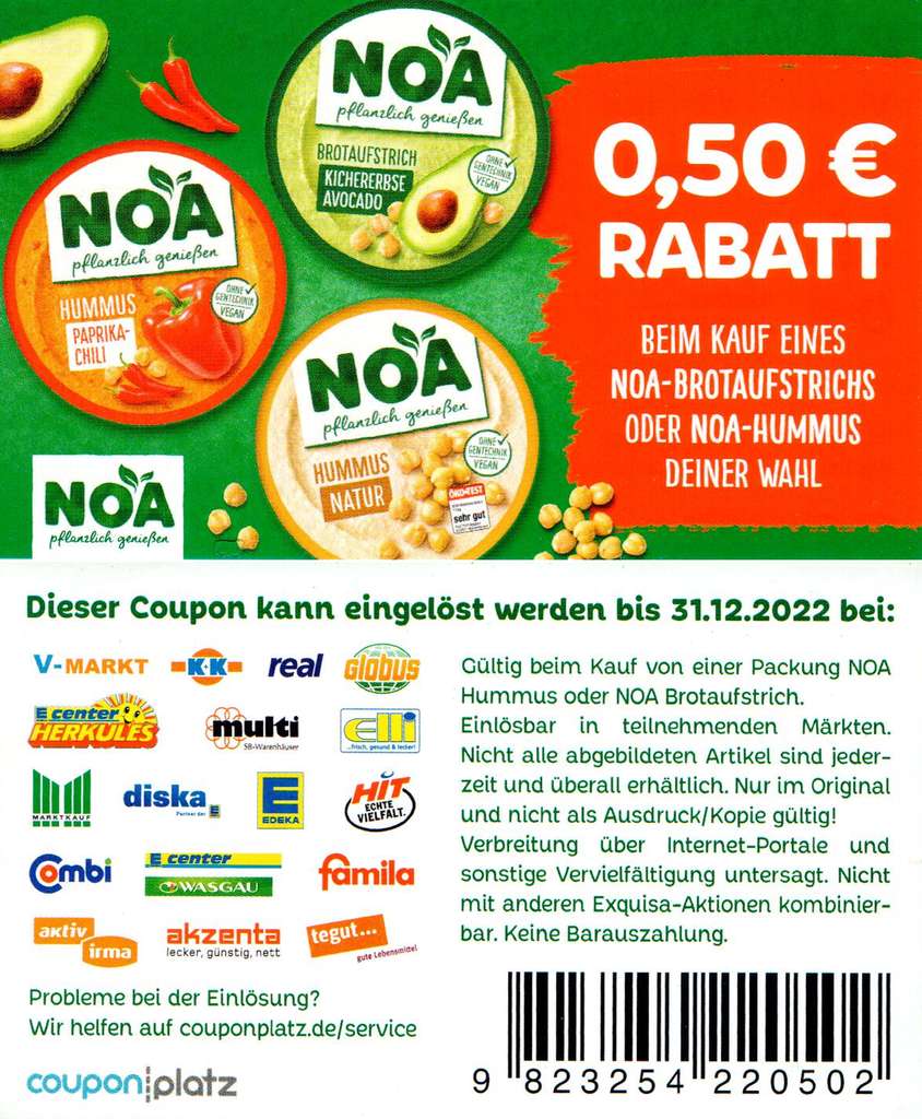 0,50€ Rabatt Coupon für den Kauf eines NOA Brotaufstrichs bis 31.12.