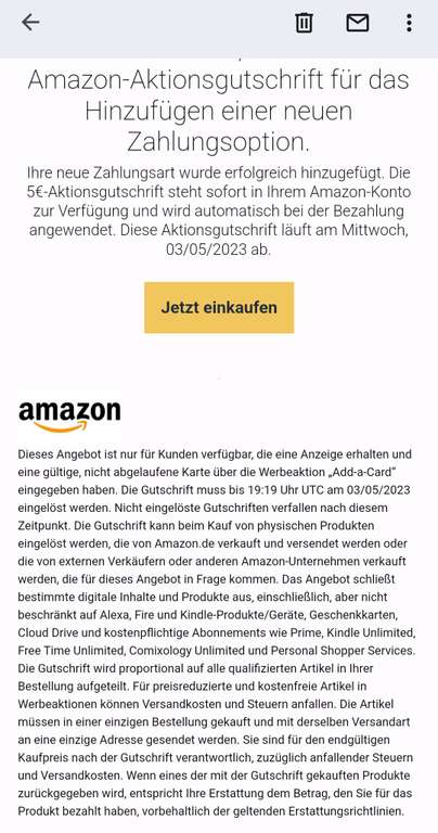 (Personalisiert) 5€ Amazon Aktionsguthaben für das Hinzufügen einer Debit- oder Kreditkarte