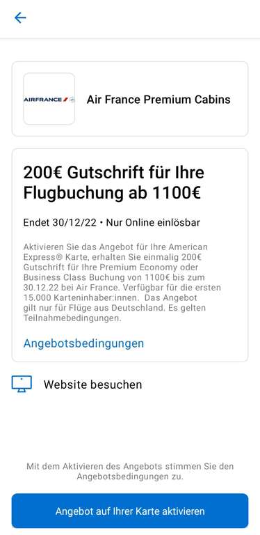 [Amex Offer] 200€ Gutschrift für ihre Flugbuchung ab 1100€ bei Air France (personalisiert)