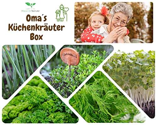 Oma`s Küchenkräuter Box - Anzuchtset - 5 Sorten frische BIO Kräuter Samen - Zum Selberzüchten oder zum Verschenken (Prime)