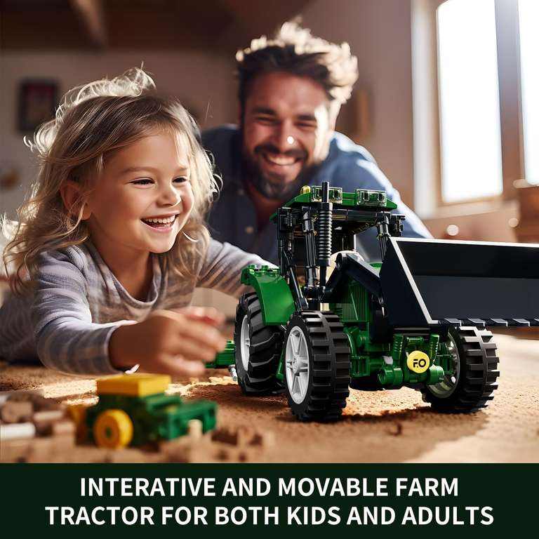 FUNWHOLE Bauernhof Traktor mit Minifigur und LED Licht, 367 Teile, Klemmbausteine