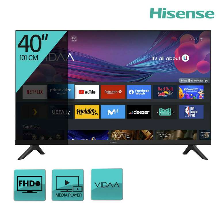 Hisense 40A4DG 101cm (40 Zoll) Fernseher (Full HD, Triple Tuner DVB-T2 / T/C / S2 / S, Alexa)